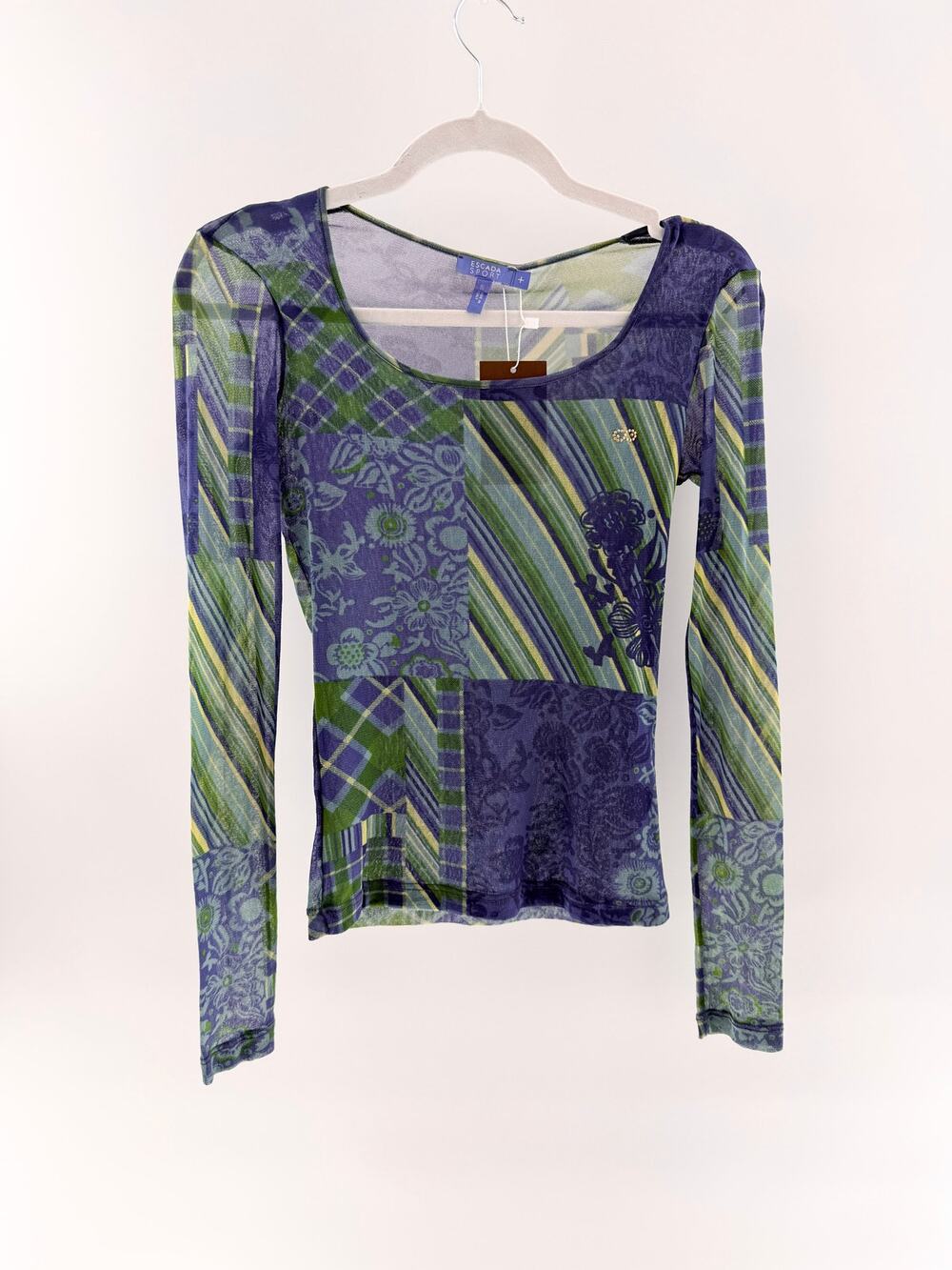 Escada Sport Patchwork Print Long Sleeve Mesh Top Green Purple Women's Size S